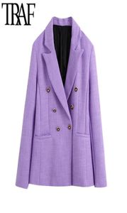 Traf Women Fashion Fashion Double Breadsed Tweed Blazer Poat Vintage Pocketing с длинным рукавом назад вентиляционное отверстие женская верхняя одежда шикарные топы 2104155588135