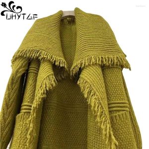 Malhas femininas uhytgf suéter longo feminino de luxo ovelha de cashmere cardigan ladies knit casaco moda tassel mangas outono fêmea 2685