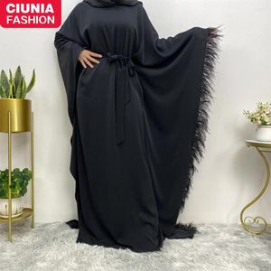 Ethnic Clothing Ramadan Black Prayer Clothes Women Muslim Abaya Dress Dubai Bat Sleeve Feathers Turkey Women's Kimono Moroccan Robe