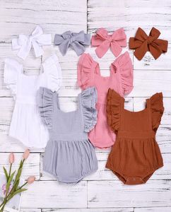 kids Rompers girls boys Ruffle Flying sleeve romperHeadbands newborn infant Solid color Jumpsuits summer baby Climbing clothing1081505