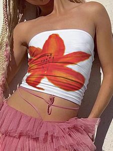 Women's T Shirts Women Flower Print Tops Boat Neck Strapless Tank Summer Backless Bandeau