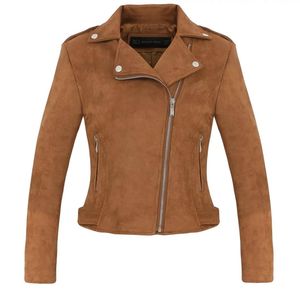 Yeni moda kadınlar süet motosiklet ceket ince kahverengi tam astarlı yumuşak sahte deri kadın ceket vese femme femme cuir epaulet zipper1422285