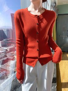 Women's Knits 2024 Women Wool O-neck Ribbed Cardigan Worsted Spring Thin Soft Solid Color Female Knitted Green Orange Sweater Knit Jacket