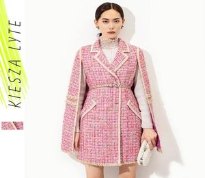 Runway Fashion Pink Cape Tweed Coat Office Lady Vintage Midi Batsleeve Cloak Jakcet 2021 Autumn Winter Women039s Clothing Outf8892745