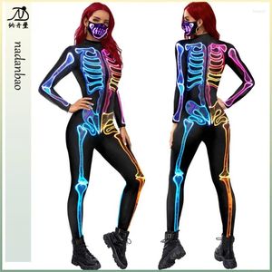 Bikini Set For Women 2024 Cover Up Color Skeleton Print Costume Long Sleeve Tights Jumpsuit Polyester Beach Dress Robe Plage