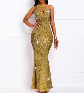 Luxury Golden Reflective Sexy Sequins Dress Women One Shoulder Plus Size Elegant Ladies Bodycon Long Evening Party Club Dresses Y24423552