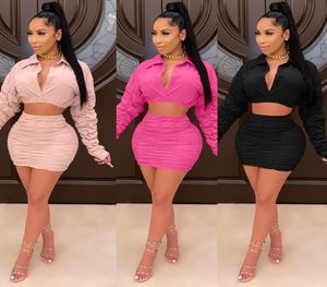 Sweet Girls Women Solid Pleated Two Piece Sets Selling Lady039s Turn Down Collar Stacked Sleeve Crop Tops Bodycon Skirts S8907146