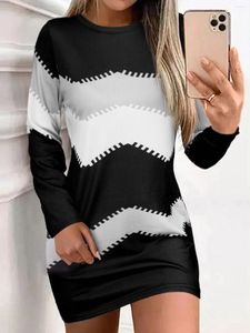 Sıradan Elbiseler Renk Bloğu Geometrik Uzun Kollu Mini Elbise 2024 Sonbahar Kadın Yuvarlak Boyun Baskı Moda Zarif Parti Retro Tatil Etek