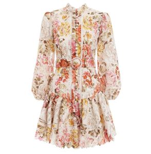 Hot Sale new print embroidery single-breasted bubble sleeve high waist dress with belt1486882