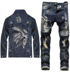 2020 European Style Men Sets вышитая индийская джинсовая джинсовая ткань синяя 2 кусочки Mocking Set Jacket и дырочные джинсы Мужчина Clohing x01242258369