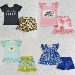 Kleidungssets Großhandel Kinder -Sommer -Promotion Set kurzärmelig Blütenstimmen Faltenkante Baby Mädchen Q240517
