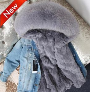 Women039s down parkas jeans Jacket with fasion Holes Real rabbit furs Liner Detachable and smooth Fox Fur Collar53792879538241