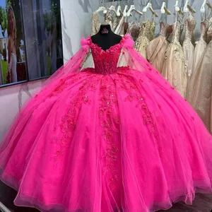 Heta rosa quinceanera klänningar från axeln med varp blommiga applikationer tjej prom party klänningar vestidos de 15 anos
