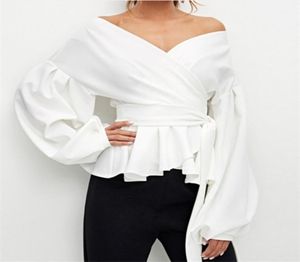 White Office Lady Elegant Lantern Sleeve Belted Peplum Shirts Plus Size Off Shoulder Solid Blus Sexiga kvinnor toppar Chemise Y2004028473095