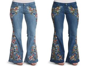 Kvinnor mamma flare jeans vintage broderi blommor tryck knapp midja klocka botten denim byxor kvinnor avslappnad pojkvän jeans 2010122450612