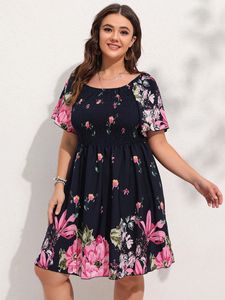 Finjani Allover Floral Print Shirred Midi Dress Plus Size Lantern Sleeve High midjeklänningar för kvinnor 2023 Summer 240506