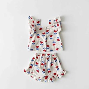 Clothing Sets Baby girl clothing set childrens sleeveless shirt+shorts 2-piece set floral clothing 2024 childrens clothing Korean style Q240517