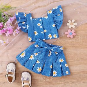 Kläder sätter barnflicka 2 bit outfit blommig ruffle frontknapp toppar veckad kjol med bältesuppsättning för småbarn sommar modekläder