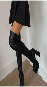 Designerstiefel Modeplattform Frauen über dem Knie sexy Feamle Square Toe PU Dicke untere Schuhe Damen Block High Heels Zipper LO3015402