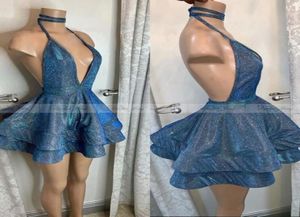 Sparkly Blue Sequin Short Party Homecoming Dresses Sexy Deep V Neck Halter Backless African Prom Dresses Graduation Gowns3289410