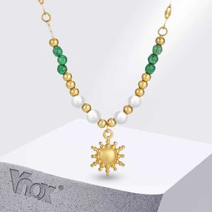 Pendant Necklaces Vnox Retro Womens Necklace Sunflower Pendant with Natural Stone Bead Chain Necklace Adjustable Necklace J240516