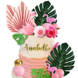 Party Supplies Flamingo Cake Decoration Palm Leaves Topper Gold Pink Balls Decor Rose Tropical