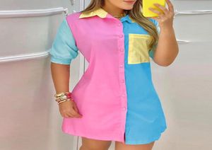 Vestidos casuais hirigin elegante turn back color camisa vestido mulheres manga curta manga de retalhos de retalhos de retalhos de bolso frontal colorblock4357875