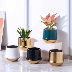 Planters Pots Electroplated golden ceramic flower pots creative flower pot layout flower pot container lights luxurious gold edge dry flower decorationQ240517
