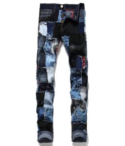 Crachá masculto rasgos esticar jeans pretos moda slim fit wash movociclo calça jeans com painéis de hip hop calça 102002750794