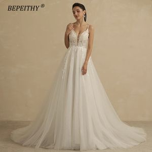 BEPEITHY DEEP Włosze w dniu V-de-de-de-decetti ramię A-line koronkowe damskie sukienka ślubna Sparśająca rękawo-Bride Party Sukienka 240515