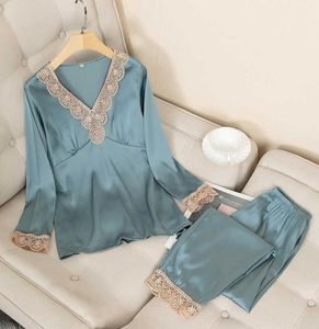 Zestaw ścieków nocnych piżamą Zestaw Satin Satin Long Rleeve Kobiety 2 sztuki PJS Zestawy PJS Casual Lace Shirtpants Sily Intimate bielizna Q2257353