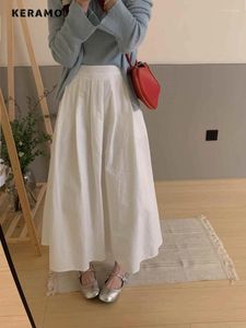 Kjolar 2024 Summer Korean Casual Solid Color Elastic midja mjukt Mid Long Women's Elegant Chiffon High Loose Thin kjol