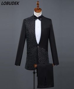 JacketPants Formal male suits black white Shining Diamond suit 2 piece sets host singer dancer Master for Wedding Performance c2362137