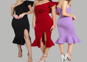 Slit Fishtail Summer Party Dress Burgundy One Shoulder Women Sexy Flounce Midi Dresses Elegant Empire Club Dress8006952