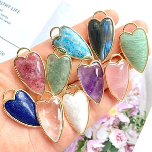 5pcs Golded Bezel Rose Quartz Amethyst Crystal Moon Stone Heart Andants для суровых ювелирных изделий из сурового ожерелья изготовления 240514