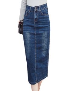 2018 Salia de jeans longa Botão vintage Lápis de cintura alta azuis pretos Saias femininas mais tamanhos de tamanhos de gelo jeans sexy Faldas Y1904284417928