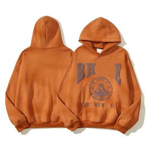 Designer Luxury Chaopai Classic High Street Fashion Orange Pocket Hoodie Foam Print for in Autumn and Winter Men's and Women's Same Style Tops