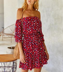 カジュアルドレス女性スラッシュネック半袖夏のドレスヒョウ柄の気質エレガントなスカートファッションセクシーなミニドレスSXL4835377