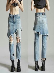 Stylish Irregular Demin Jeans Skirt Pants Ripped Bleached Hole Washed Zip Pocket Casual Street Women Slim Trousers femme3630830