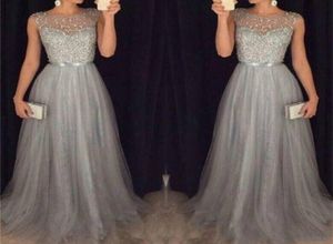 Trendy Beads Sequins Sheer Party Dresses Custom Arabic Sleeveless Cheap Grey Tulle Homecoming Wear Prom Dress Formal Evening Ball 1339801