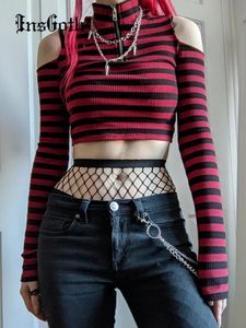 insgoth Punk Red Stripe Zipper TシャツY2K HARAJUKUセクシーなオフショルダー長袖ボディコンクロップトップゴシック様式の女性ニットTEES 240517