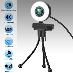 WebCAMS 4K Network Camera da 2K Full HD Metwork Caliro con microfono Fill Light Light Network Rete Motherable Adatto per PC Laptop Adatto per YouTube J240518
