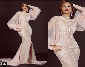 High Neck Long Sleeve Blush Pink Polka Dot Tulle Mermaid Evening Dress Saudi Arabia Long Formal Gown with Lace Appliques1444253