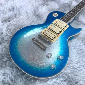 in stock!Rare Ace Frehley Big Sparkle Metallic Blue Burst Silver Electric Guitar Mirror Truss Rod, 3 Chrome Cover Pickups, Grover Tuners,