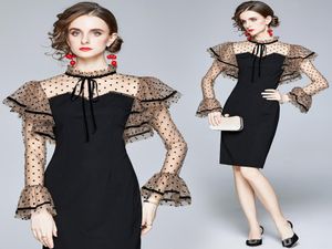 Элегантное сексуальное черное платье для вечеринки с сеткой сетка сетчатая рукава 2022 Дизайнерская мода Ruffle Женская повседневная офисная коктейльная одежда.