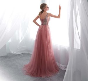 Abito da sera perline 2020 Vneck Pink High Split Tulle Sweep Abito da ballo senza maniche ALINE ALINE SU VEStitido senza schienale DE LJ20124081918