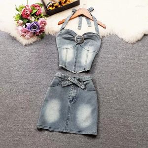 Abiti da lavoro estate due pezzi Set Women Denim Halter Neck Tops Mini gonne abiti set 2 abiti