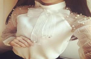 Шифоновые рубашки с длинными рукавами элегантная органза -лук жемчуг белая блузка повседневная мода Рубашка Женские блузки топы Blusas Femininas24044948
