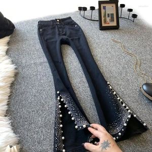 Kvinnors jeans harajuku svarta paljetter blossade för kvinnor 2024 sommar hög midja bantning diamantpärled split denim klockbotten byxor