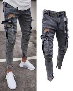 Nya mode tvättade jeans mens rippade magra jeans förstörde frayed smal fit denim fickpennpantstorlek S2XL1044054
